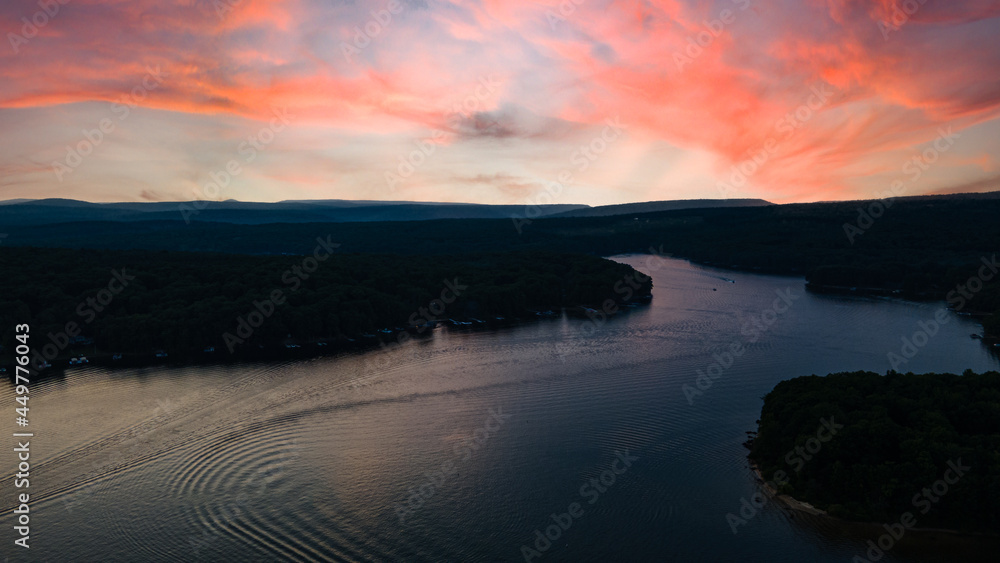 sunset over the lake - aerial