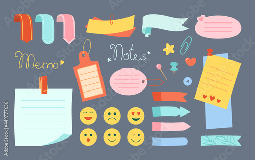 Notebook paper sticky note kawaii set. Blank notes with elements of planning, emoji sticker. Abstract graphic notepad curled corners, push pin. Various tag business office. Isolated vector