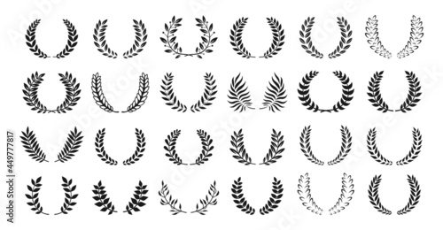 Laurel Wreath award or heraldry silhouette set. Circular laurel foliate wreaths award, achievement. High quality symbol emblem branches olive plant collection. Logo nobility emblem vector illustration