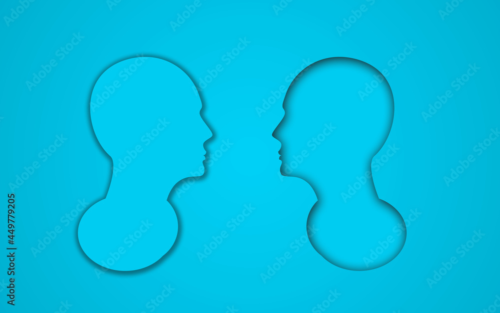 two paper cut head face to face  in blue background, Different human heads perspective. One with Interior Shadow and other with exterior shadow.  Conceptual idea 