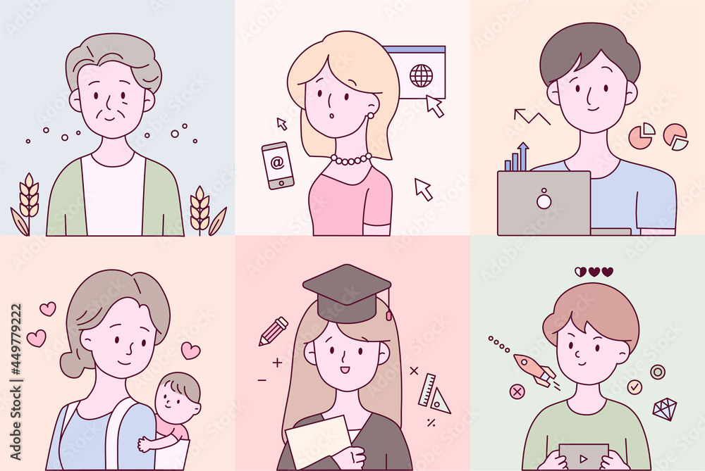 Set of cute human upper body characters and surrounding icons. outline simple vector illustration. Set of cute human upper body characters and surrounding icons. outline simple vector illustration.
