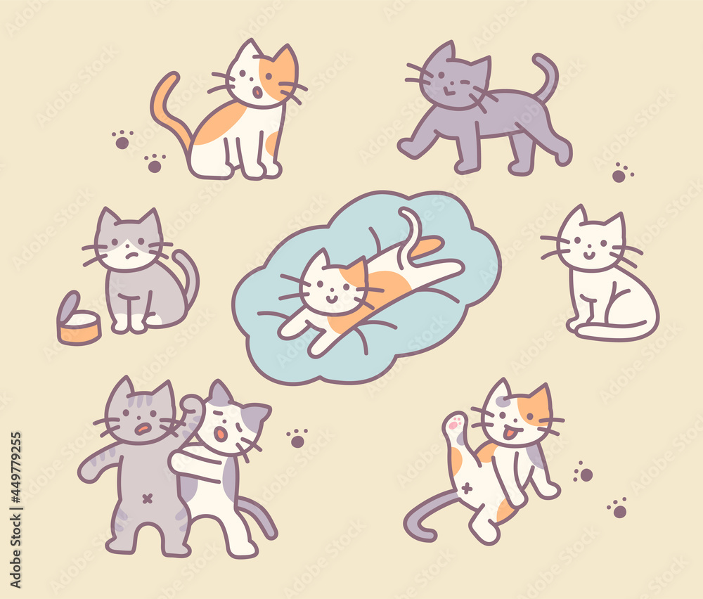 cat day. Various actions of a cute cat character. outline simple vector illustration. cat day. Various actions of a cute cat character. outline simple vector illustration.