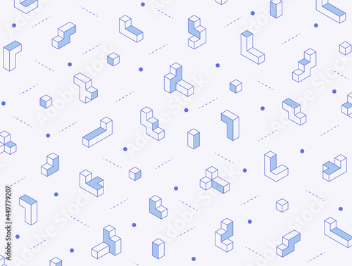 Pieces of three-dimensional tetris blocks are arranged in an isometric grid. Simple pattern design template.