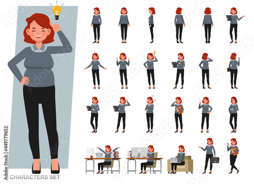 Set of business woman character vector design. Presentation in various action with emotions, running, standing and walking. People working in office planning, thinking and economic analysis.