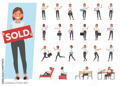 Set of business woman character vector design. Presentation in various action with emotions, running, standing and walking. People working in office planning, thinking and economic analysis.