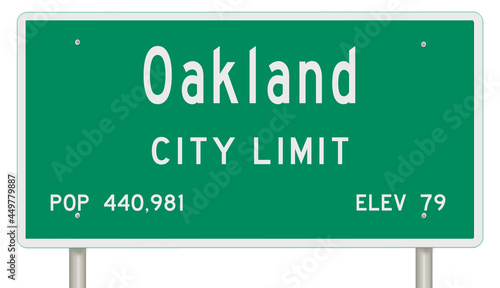 Rendering of a green California highway sign with city information