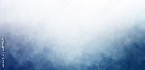 blue watercolor border on white background, gradient texture and color in cloudy sky or foggy haze design, clouds or smoke painting