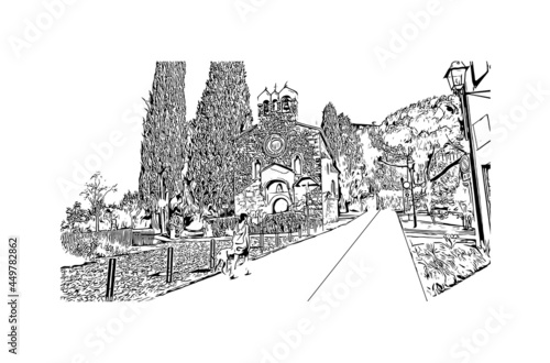 Building view with landmark of Gorizia is the town in Italy. Hand drawn sketch illustration in vector.