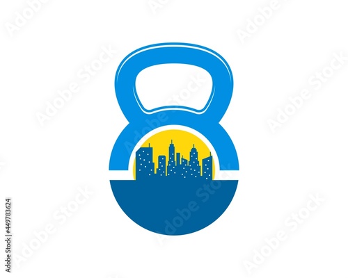 Gym kettle bell with city building inside