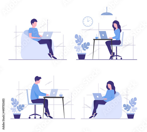 Office work. Work at home concept. Flat colored vector illustration. Isolated on white background.