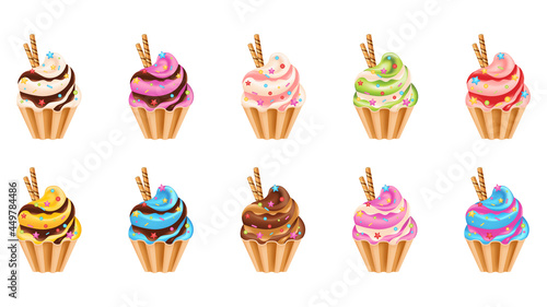 Realistic vector Cupcakes set. Colorful cakes collection. Vanilla, chocolate, strawberries, caramel, lemon, kiwi.