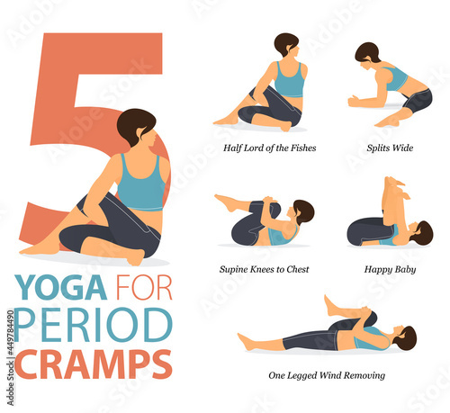 5 Yoga poses or asana posture for workout in period cramps concept. Women exercising for body stretching. Fitness infographic. Flat cartoon vector
