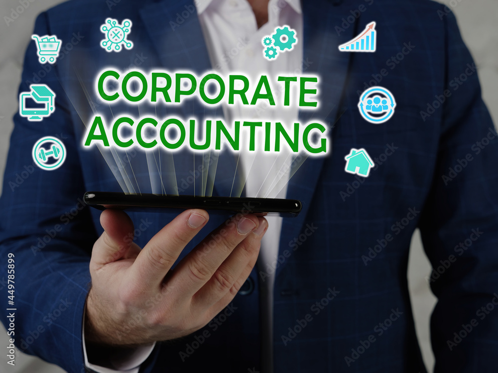 CORPORATE ACCOUNTING text in search line. Broker looking for something at computer. CORPORATE ACCOUNTING concept. CORPORATE ACCOUNTING text in search line. Broker looking for something at computer. CORPORATE ACCOUNTING concept.