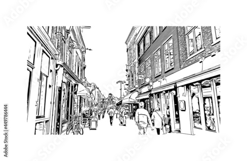 Building view with landmark of Haarlem is the 
city in the Netherlands. Hand drawn sketch illustration in vector.
