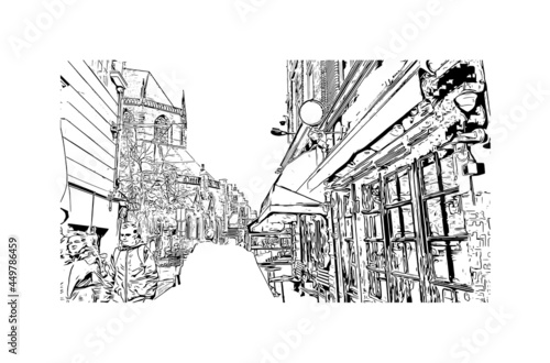Building view with landmark of Haarlem is the 
city in the Netherlands. Hand drawn sketch illustration in vector.