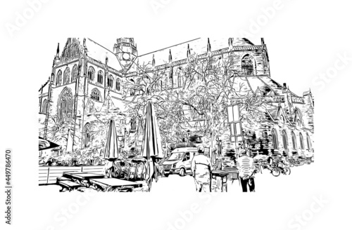Building view with landmark of Haarlem is the 
city in the Netherlands. Hand drawn sketch illustration in vector.