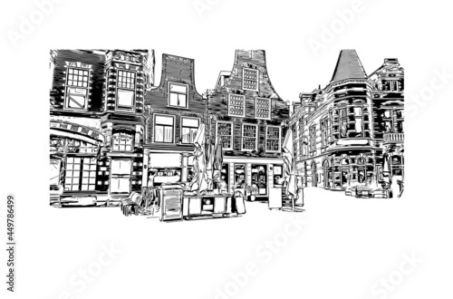 Building view with landmark of Haarlem is the 
city in the Netherlands. Hand drawn sketch illustration in vector.