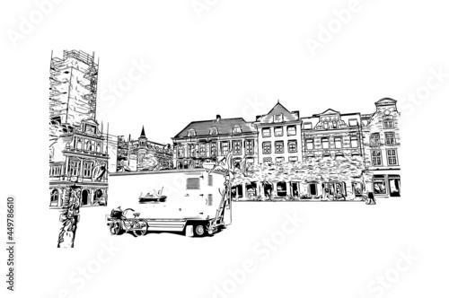 Building view with landmark of Haarlem is the 
city in the Netherlands. Hand drawn sketch illustration in vector.
