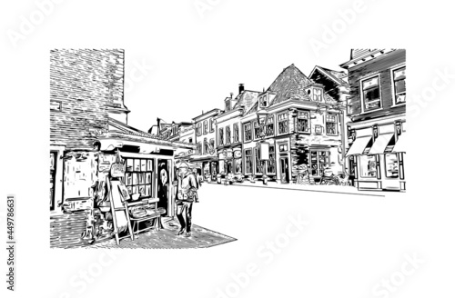 Building view with landmark of Haarlem is the 
city in the Netherlands. Hand drawn sketch illustration in vector.