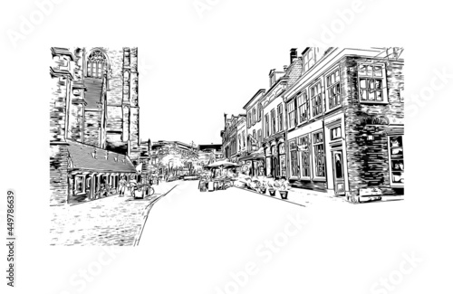 Building view with landmark of Haarlem is the 
city in the Netherlands. Hand drawn sketch illustration in vector.