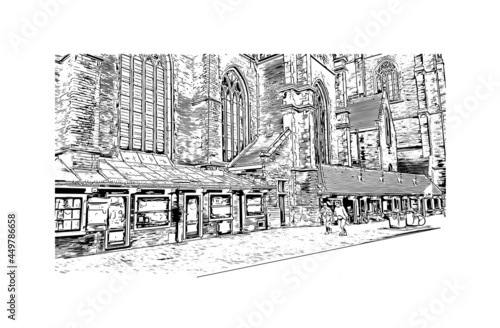 Building view with landmark of Haarlem is the 
city in the Netherlands. Hand drawn sketch illustration in vector.