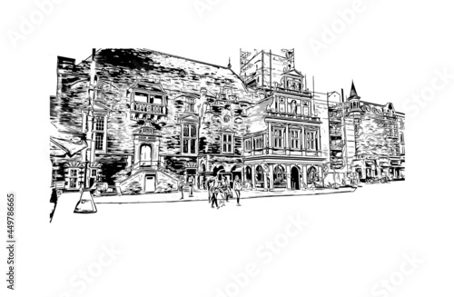Building view with landmark of Haarlem is the 
city in the Netherlands. Hand drawn sketch illustration in vector.