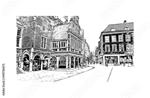 Building view with landmark of Haarlem is the 
city in the Netherlands. Hand drawn sketch illustration in vector.