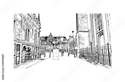 Building view with landmark of Haarlem is the 
city in the Netherlands. Hand drawn sketch illustration in vector.