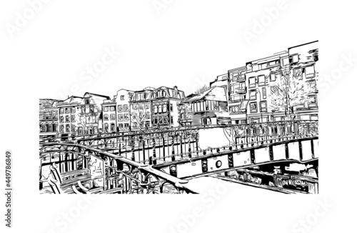 Building view with landmark of Haarlem is the 
city in the Netherlands. Hand drawn sketch illustration in vector.