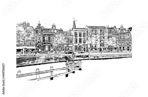 Building view with landmark of Haarlem is the 
city in the Netherlands. Hand drawn sketch illustration in vector.