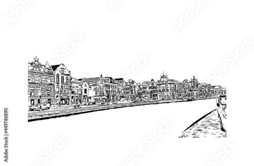 Building view with landmark of Haarlem is the 
city in the Netherlands. Hand drawn sketch illustration in vector.