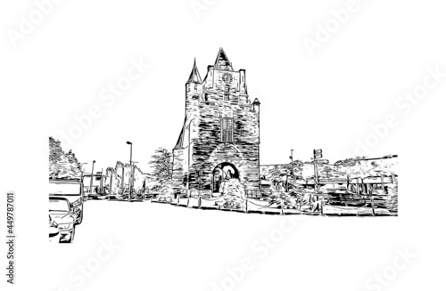 Building view with landmark of Haarlem is the 
city in the Netherlands. Hand drawn sketch illustration in vector.