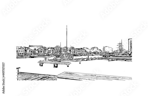 Building view with landmark of Haarlem is the 
city in the Netherlands. Hand drawn sketch illustration in vector.