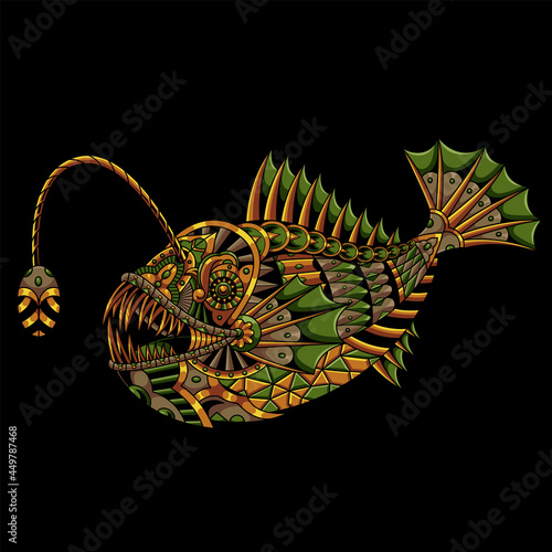 Angler Fish Mandala Zentangle Illustration and Tshirt design Premium vector
