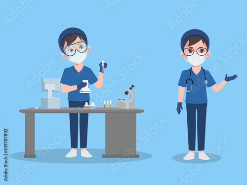 Doctor woman in laboratory presenting character animation pose.