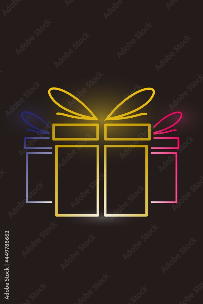 Minimalist christmas gifts line wall art print. Glow art yellow, blue, pink color vector design