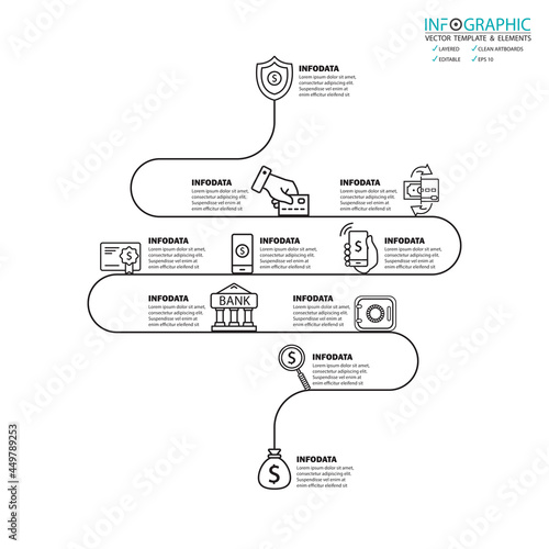 Vector abstract element infographics 10 step. Design for business finance template layout, brochure, workflow, information or presentation and other. Infographics timeline path. Abstract 3D vector.