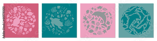 Set of posters with marine life. Abstract illustration of summer time concept. Underwater set of silhouettes. .Flat vector illustration. Card templates