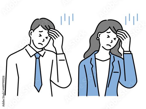 落ち込む、業績不振、仕事の失敗を表すイラスト(疲労、モチベーション、やる気、頭を抱える) Illustrations of depression, poor performance, and job failures .fatigue, motivation, motivation, despair