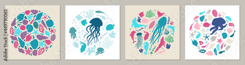 Set of posters with marine life. Abstract illustration of summer time concept. Underwater set of silhouettes. .Flat vector illustration. Card templates