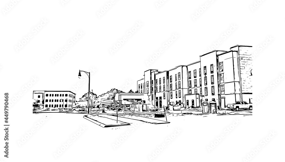 Building view with landmark of Jackson is the capital city in Mississippi. Hand drawn sketch illustration in vector.