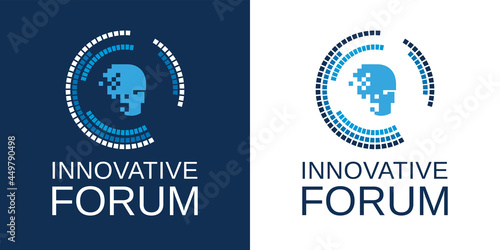 Innovation forum logo. Digital human head in the center of the circle. Technical forum design