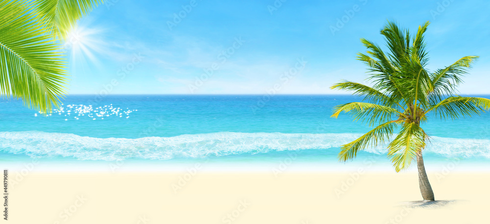 Summer Vacation and Holiday Trip Concept : Green coconut tree on sand with seascape view and blue sky in background.