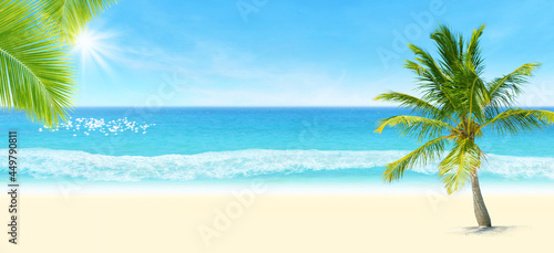 Summer Vacation and Holiday Trip Concept   Green coconut tree on sand with seascape view and blue sky in background.