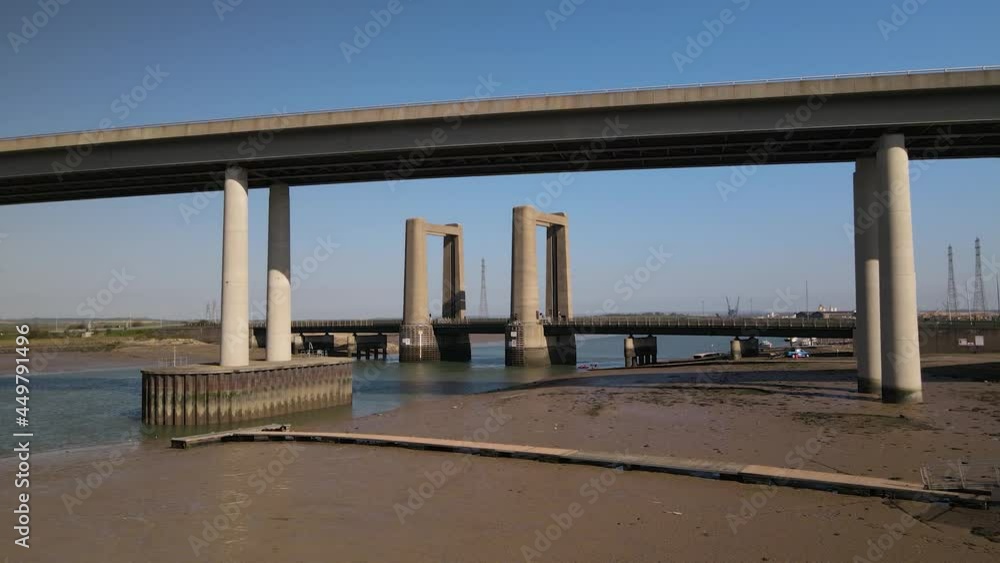 Sheppey Crossing With Kingsferry Bridge Behind It From Waters Level By The Swale In Kent, UK. - Zoom In Shot Sheppey Crossing With Kingsferry Bridge Behind It From Waters Level By The Swale In Kent, UK. - Zoom In Shot