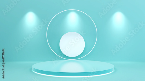 Circle stand on a light blue background,mock up podium for product presentation,3D rendering