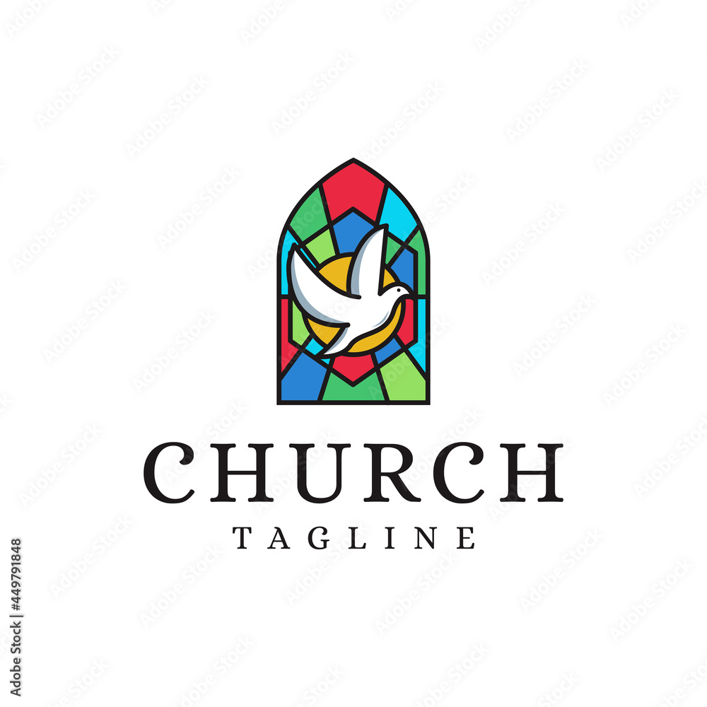 Church Christian Catholic logo vector icon with with flying dove and