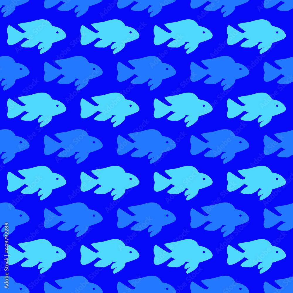 Fish on a blue background, texture for design, seamless pattern, vector illustration
