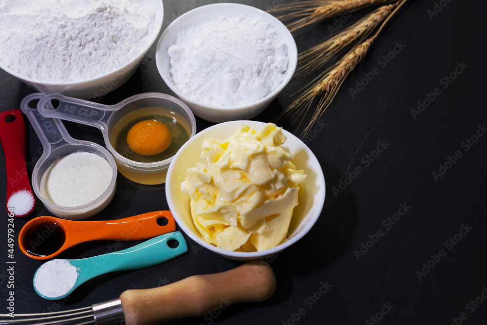 Bakery making ingradient with copyspace top view background Bakery making ingradient with copyspace top view background