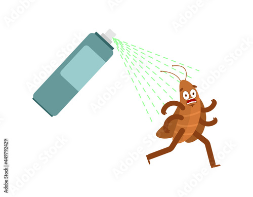 Cockroach running away from spray isolated. House beetle run. vector illustration
